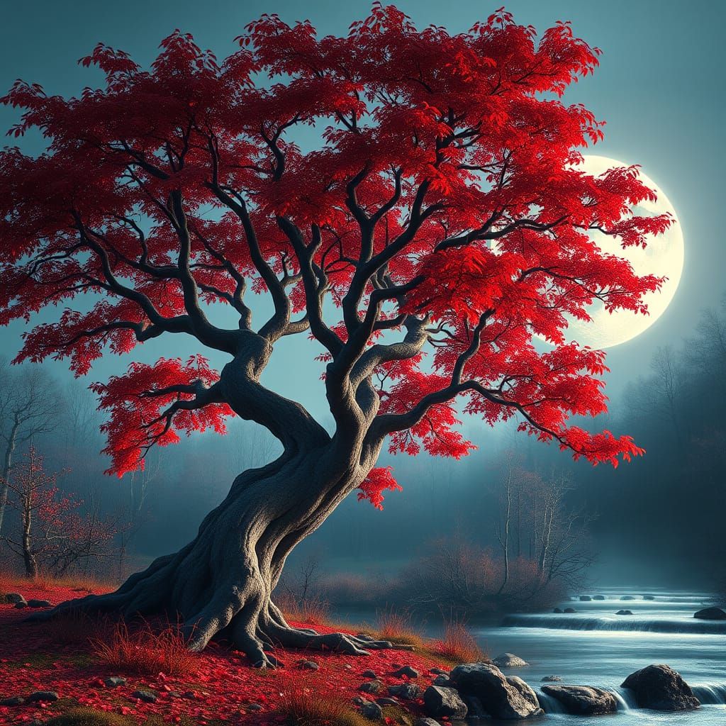 Hyperrealistic Red Leaf Tree Under Moonlight
