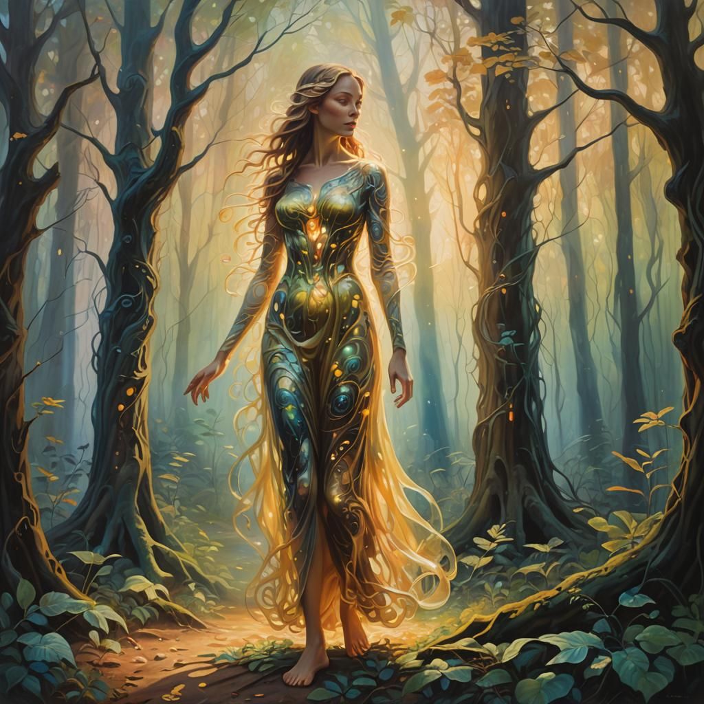 Glowing Woman in Mystical Forest: Surreal Oil Painting