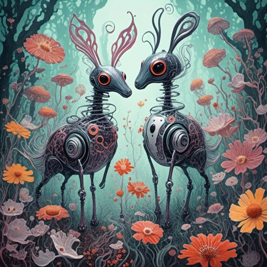 Cute Robots in Flower Garden with Deep Sea Glow
