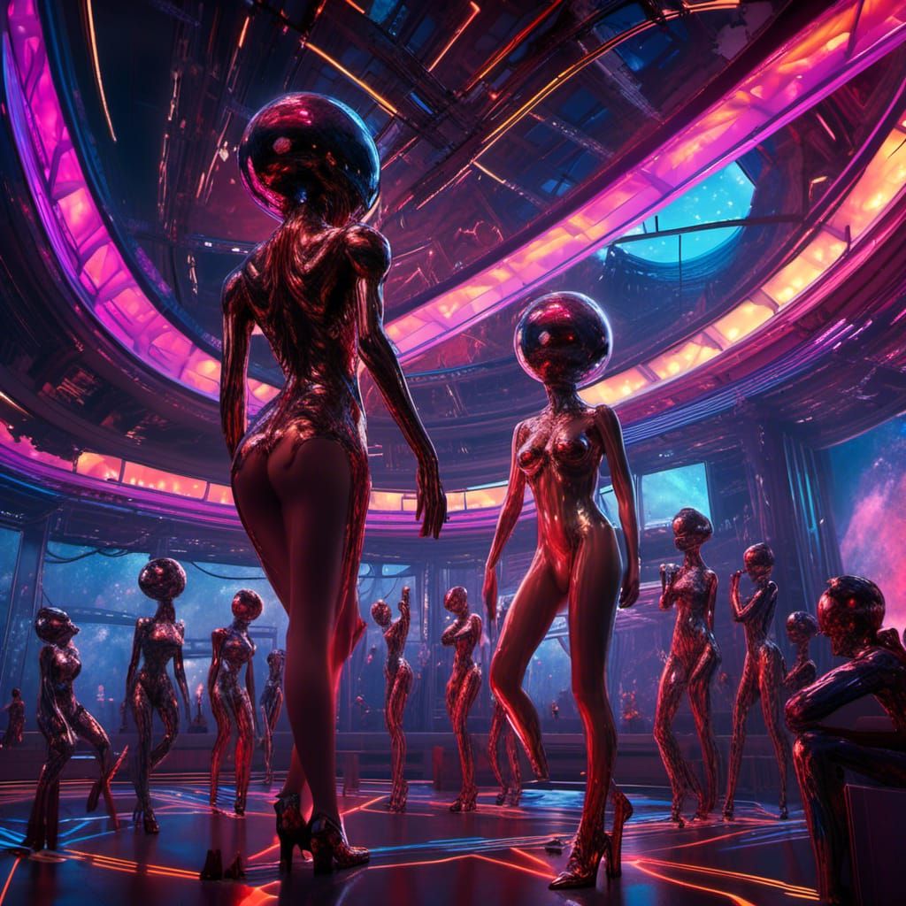 Hyperrealistic Alien Space Club with Saturn View