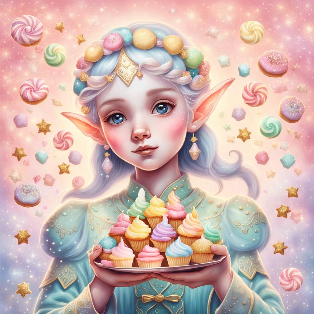 Elf Holding Sweets in Whimsical Pastel Illustration