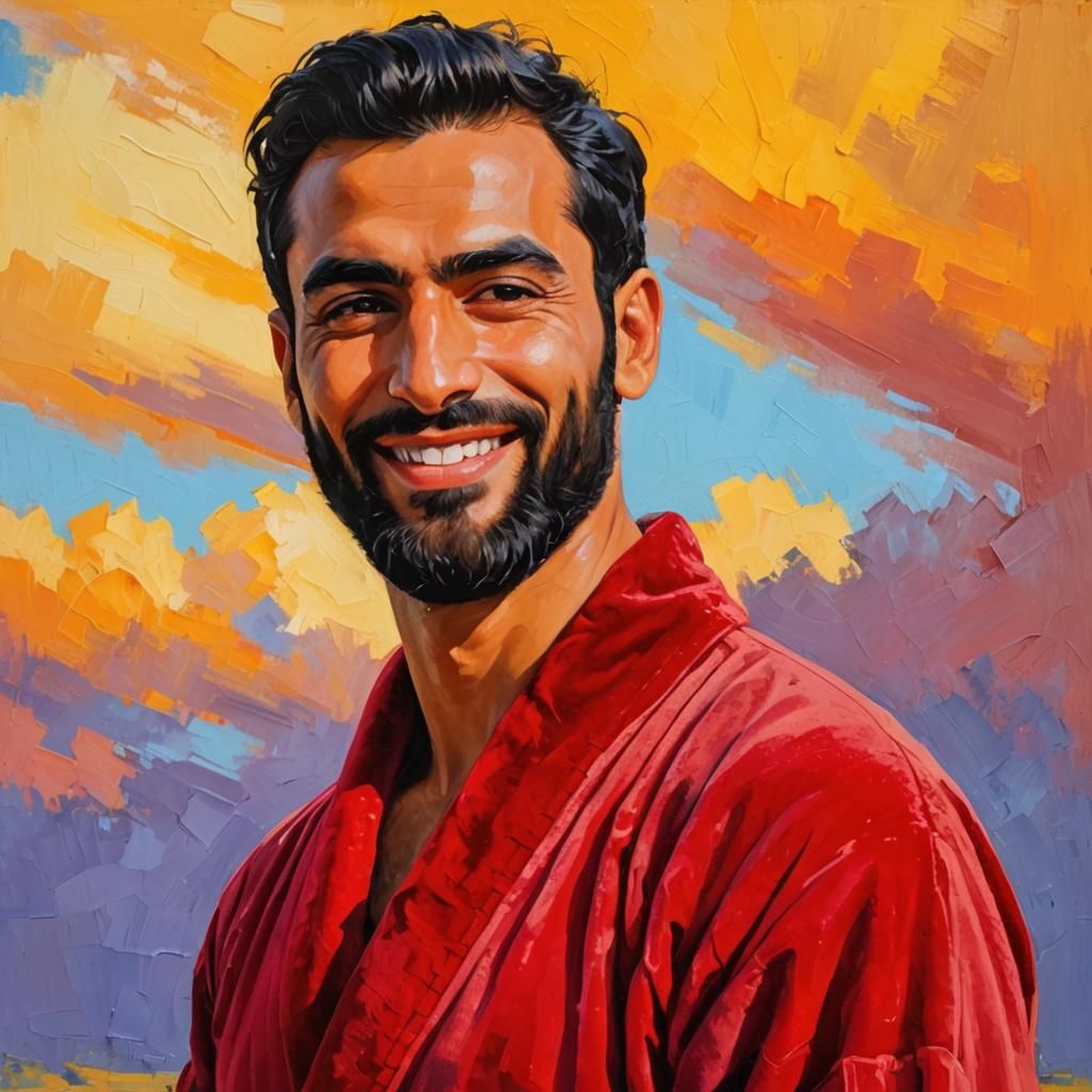 Smiling Man in Red Robe: Impasto Gouache Oil Painting