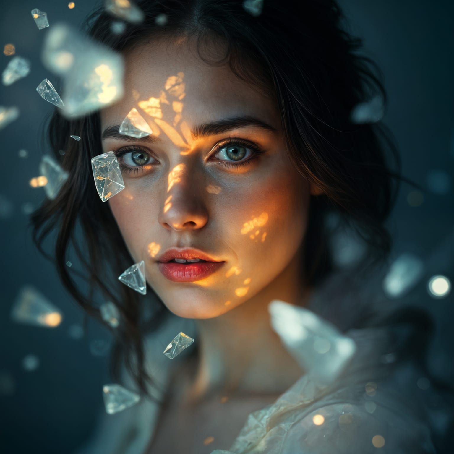 Mystical Woman Gazes Through Crystal Light Fragments