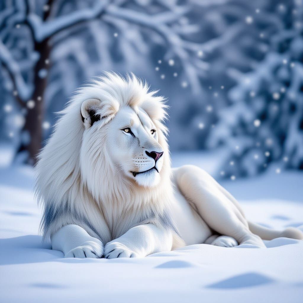 Serene White Lion in Snowy Landscape
