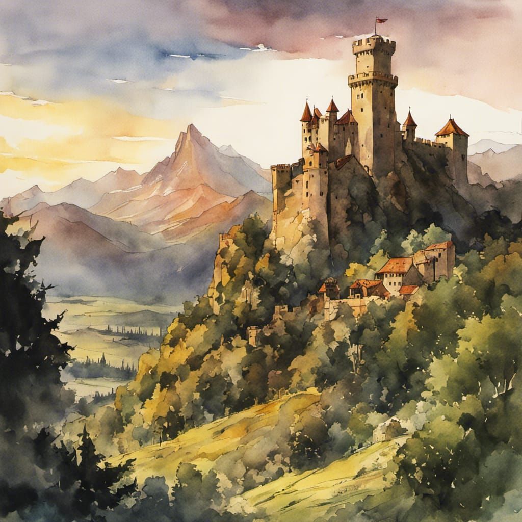 Medieval Castle Watercolor Painting in Comic Book Style