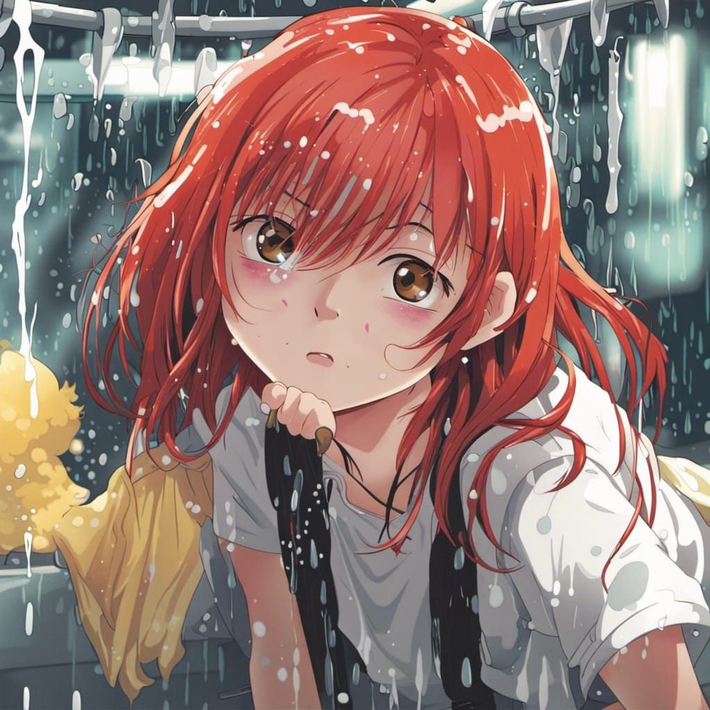 Anime Style Red Hair Girl at Car Wash