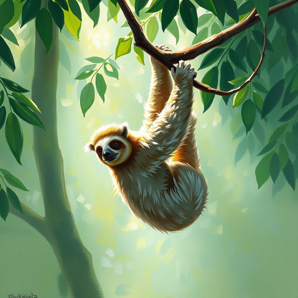 Impressionist Sloth in Misty Rainforest