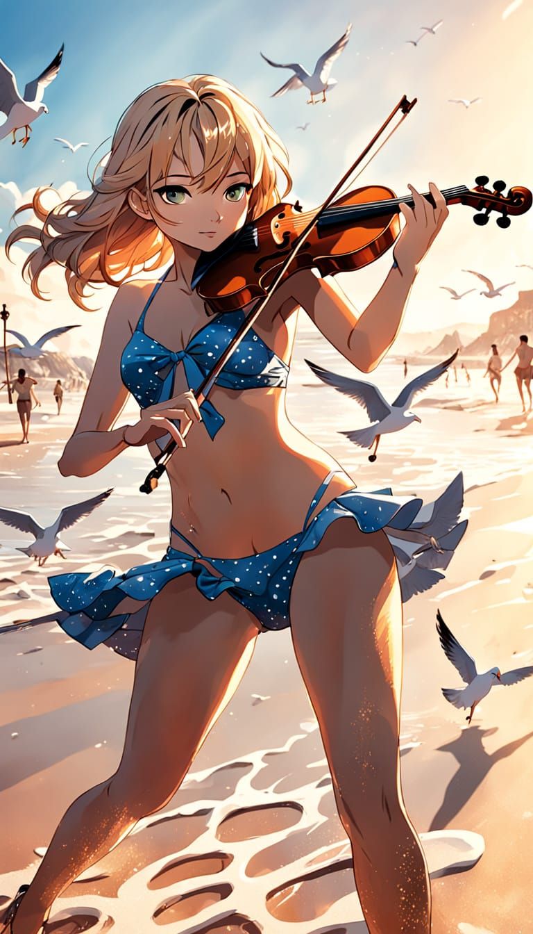 Sultry Anime Beauty Plays Violin on Beach at Sunset