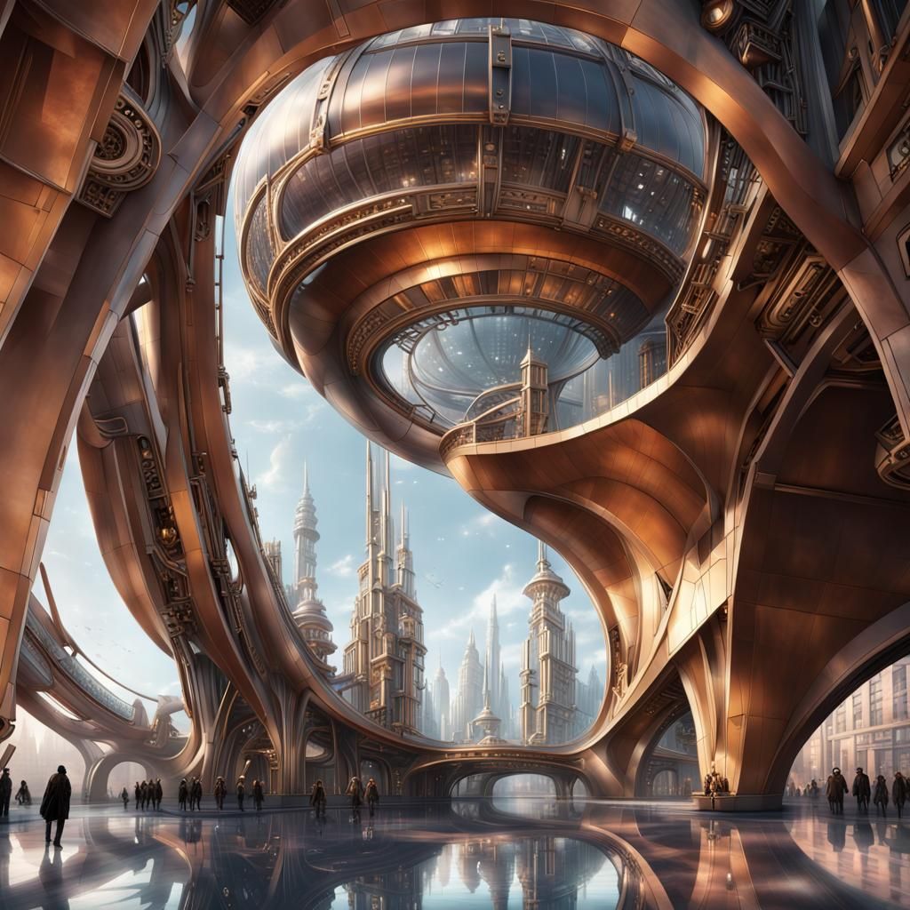 Futuristic Steampunk Cityscape with Ethereal Light