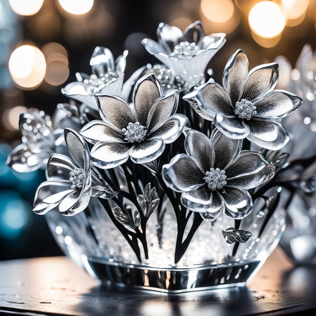 Ice sculpture black silver blossoming flowers on a vase
