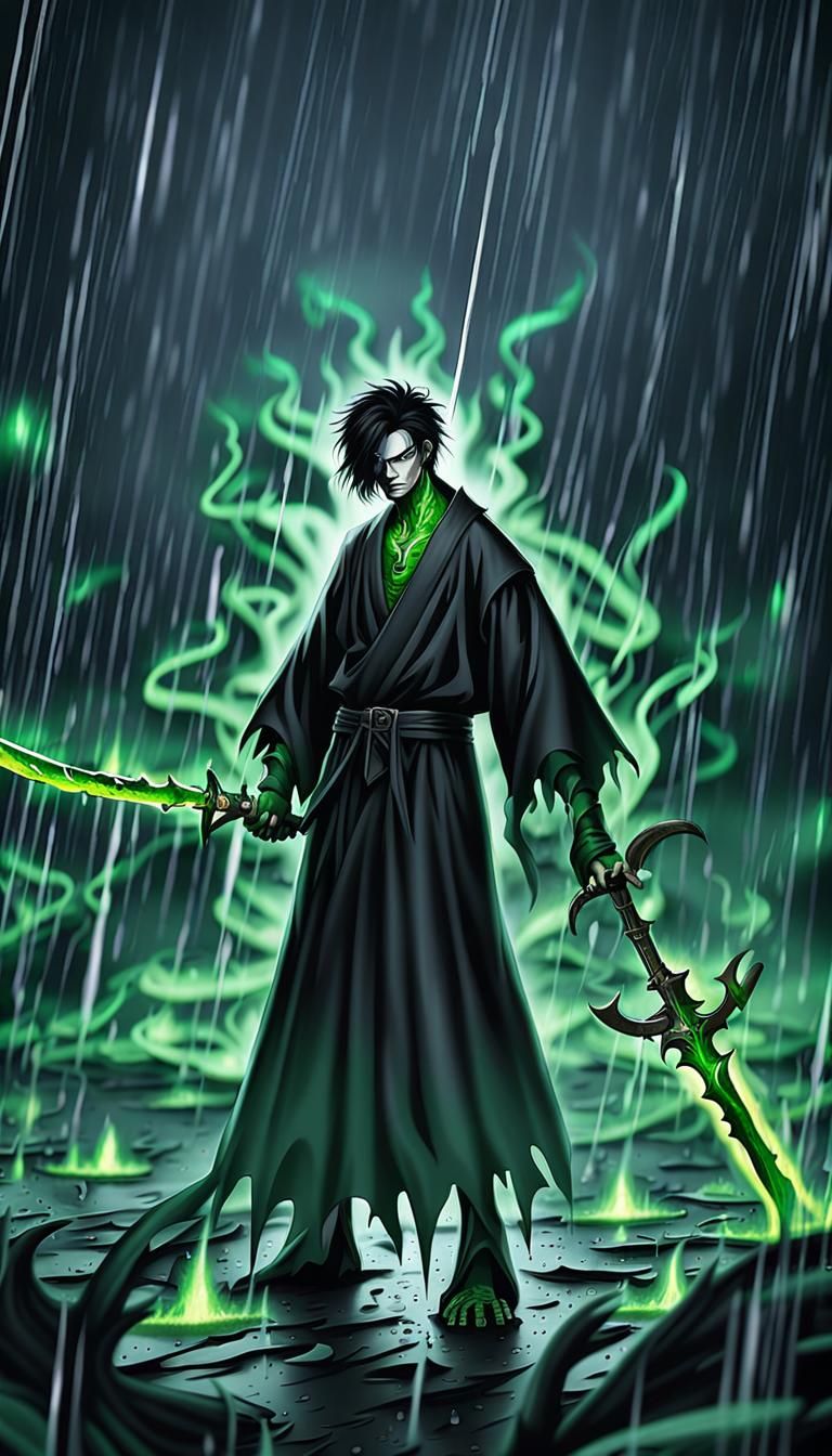 Anime Swordsman with Cursed Blade in Dark Fantasy Style