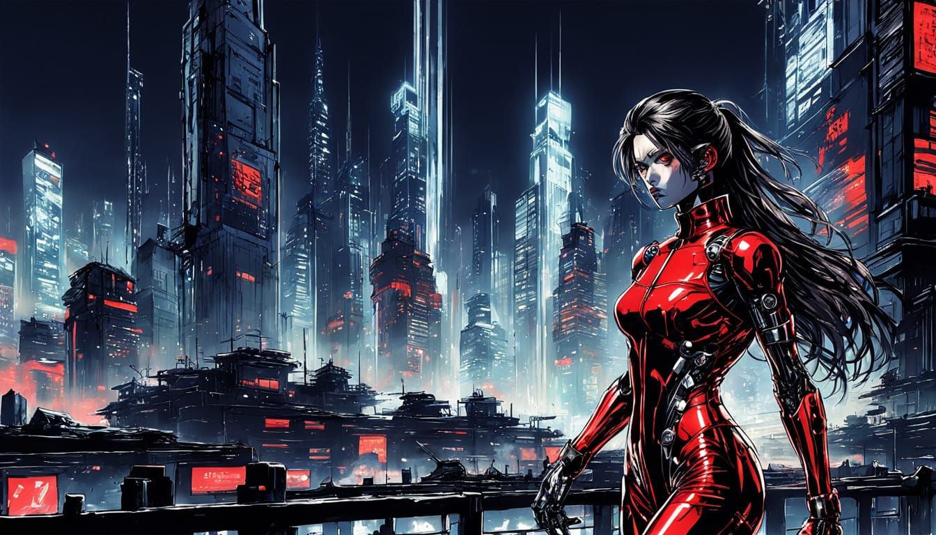 Cyberpunk Woman in Red Catsuit Aims at Tokyo