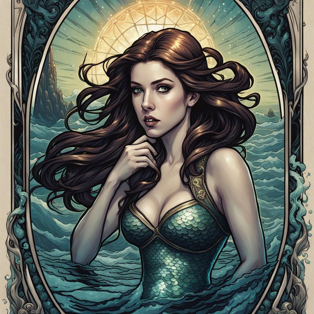 Anna Kendrick Mermaid Tarot Card in Comic Art Style