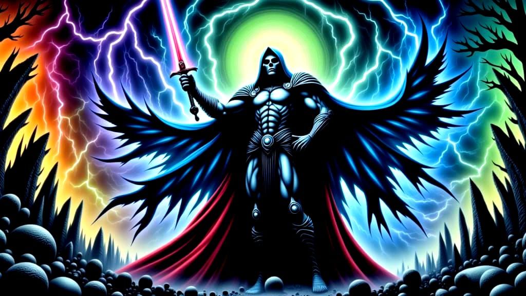 <lora:Rainbow Forest  2:1.0> <lora:Psychopomp:1.0> Skeletor ...