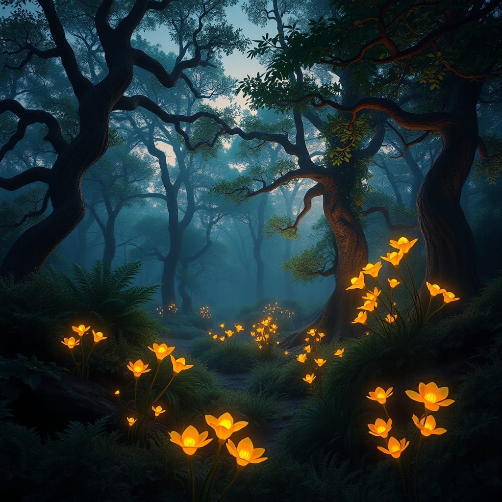 Enchanted Dusk Forest Blooms with Magic Flowers