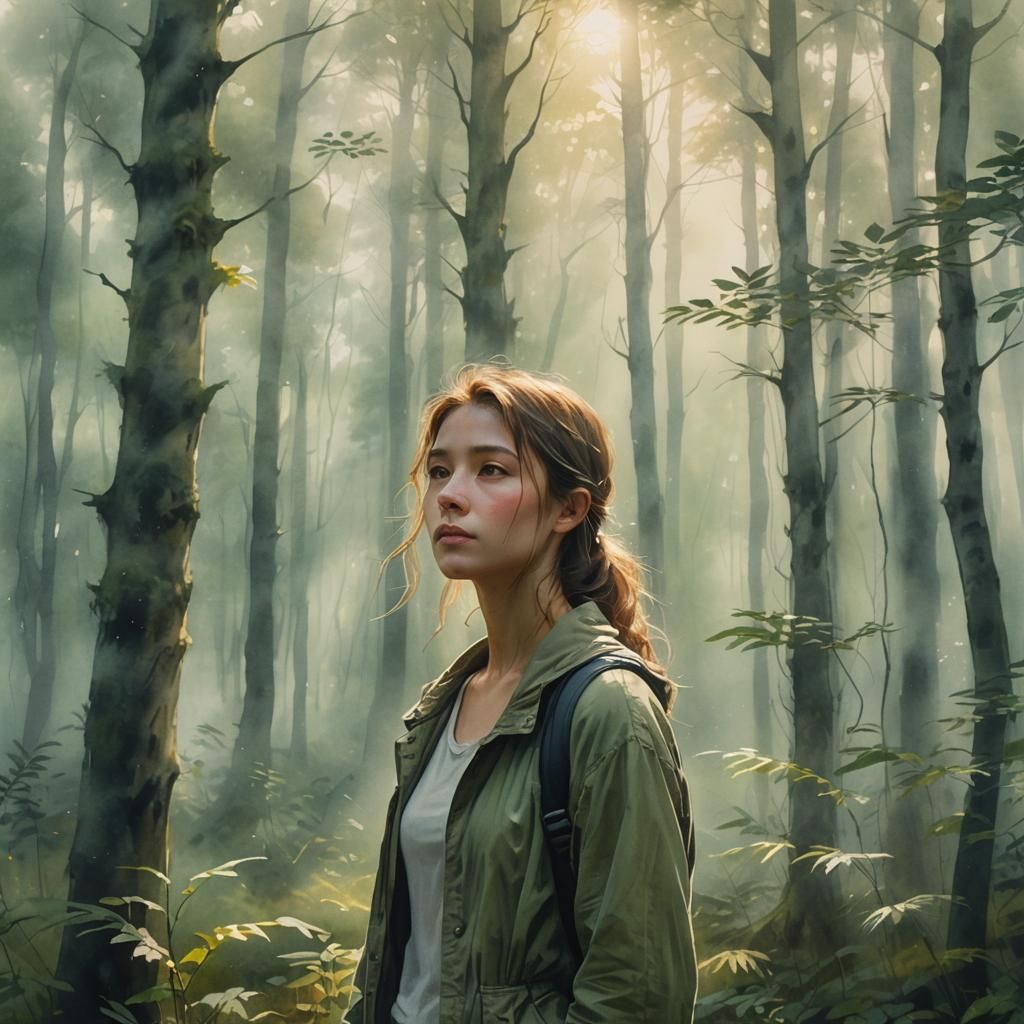 Young Woman in Misty Forest: Watercolor Concept Art