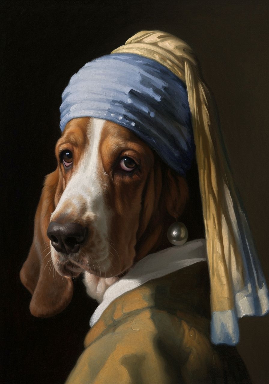 Basset Hound as Girl with a Pearl Earring