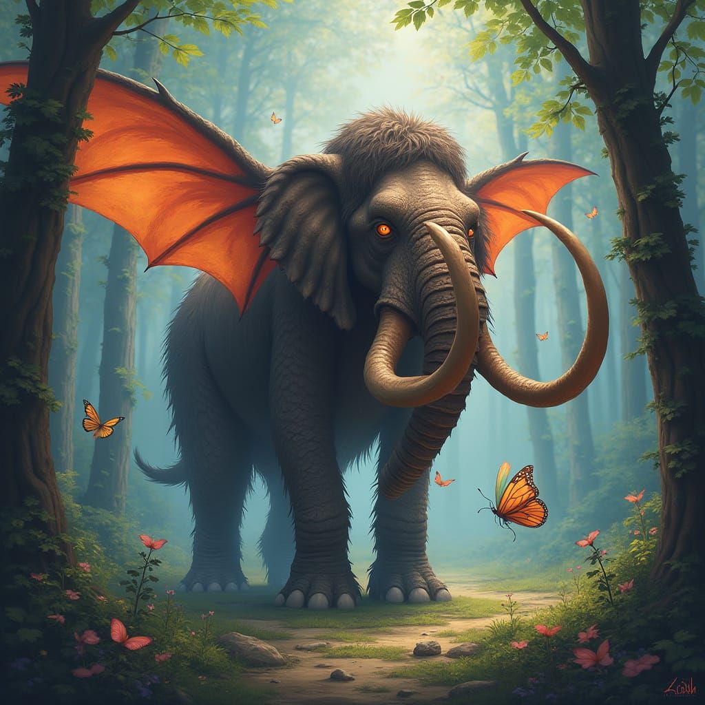 Mystical Forest Dragon Mammoth with Butterfly Wings