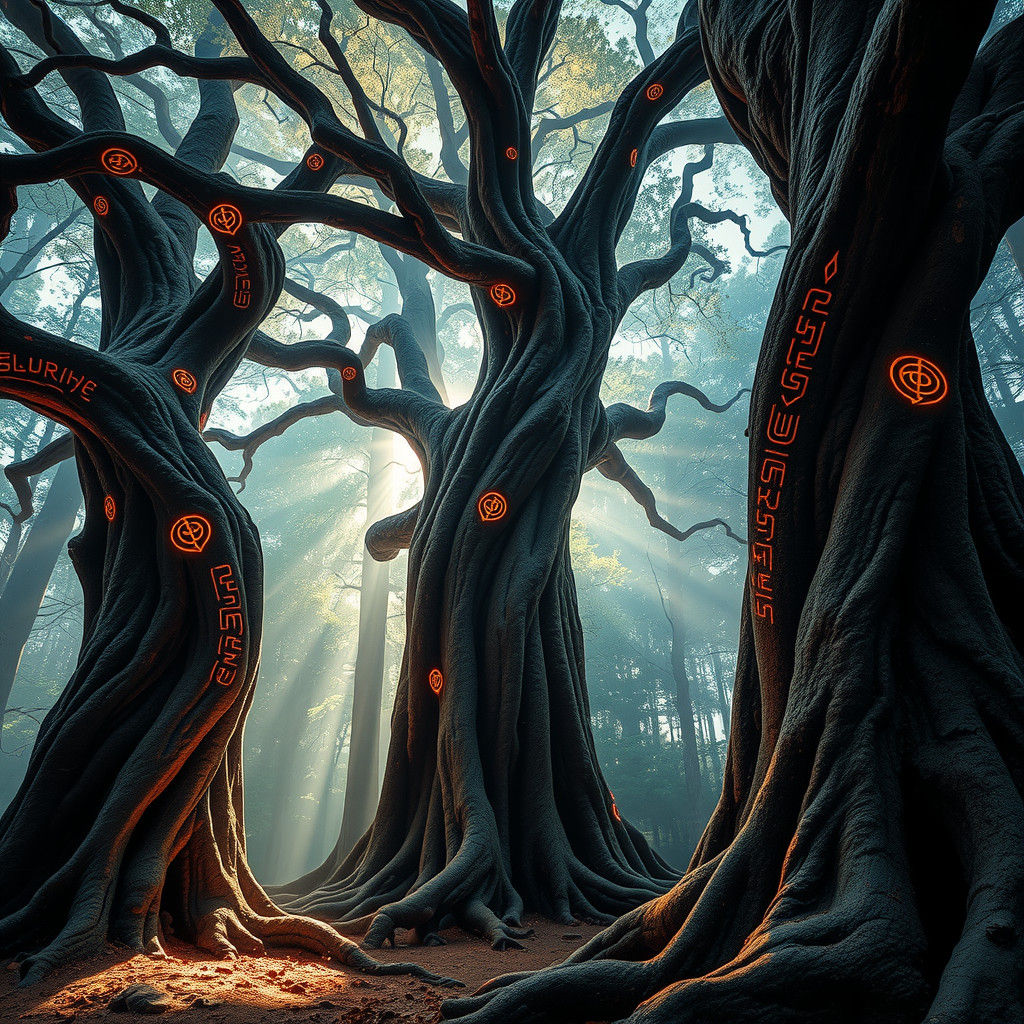 Mystical Forest: Ancient Trees with Glowing Symbols