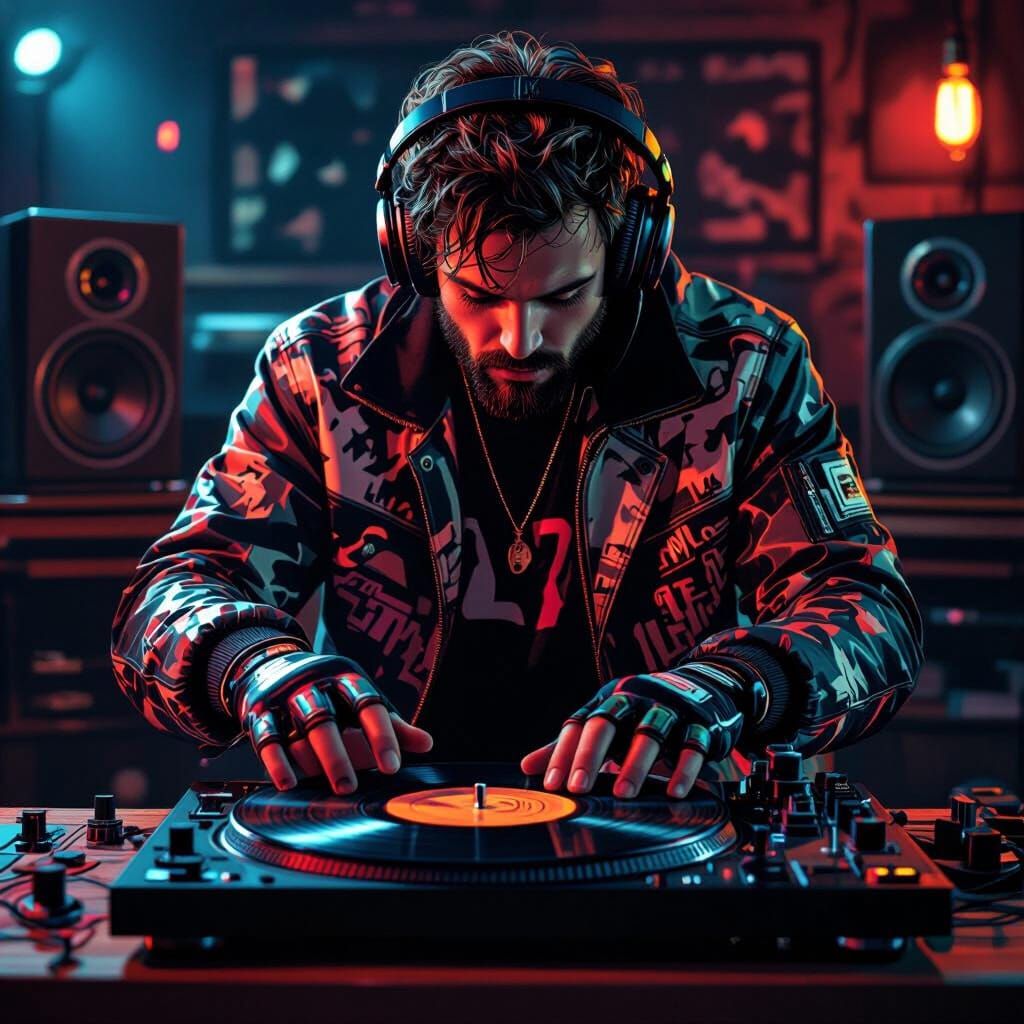 DJ Scratches Record Player in Dimly Lit Studio
