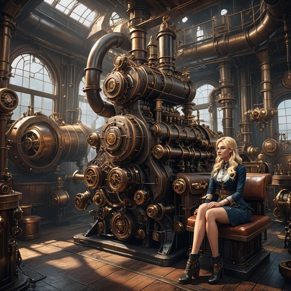 Steampunk Beauty in Ship Engine Room: Detailed Art