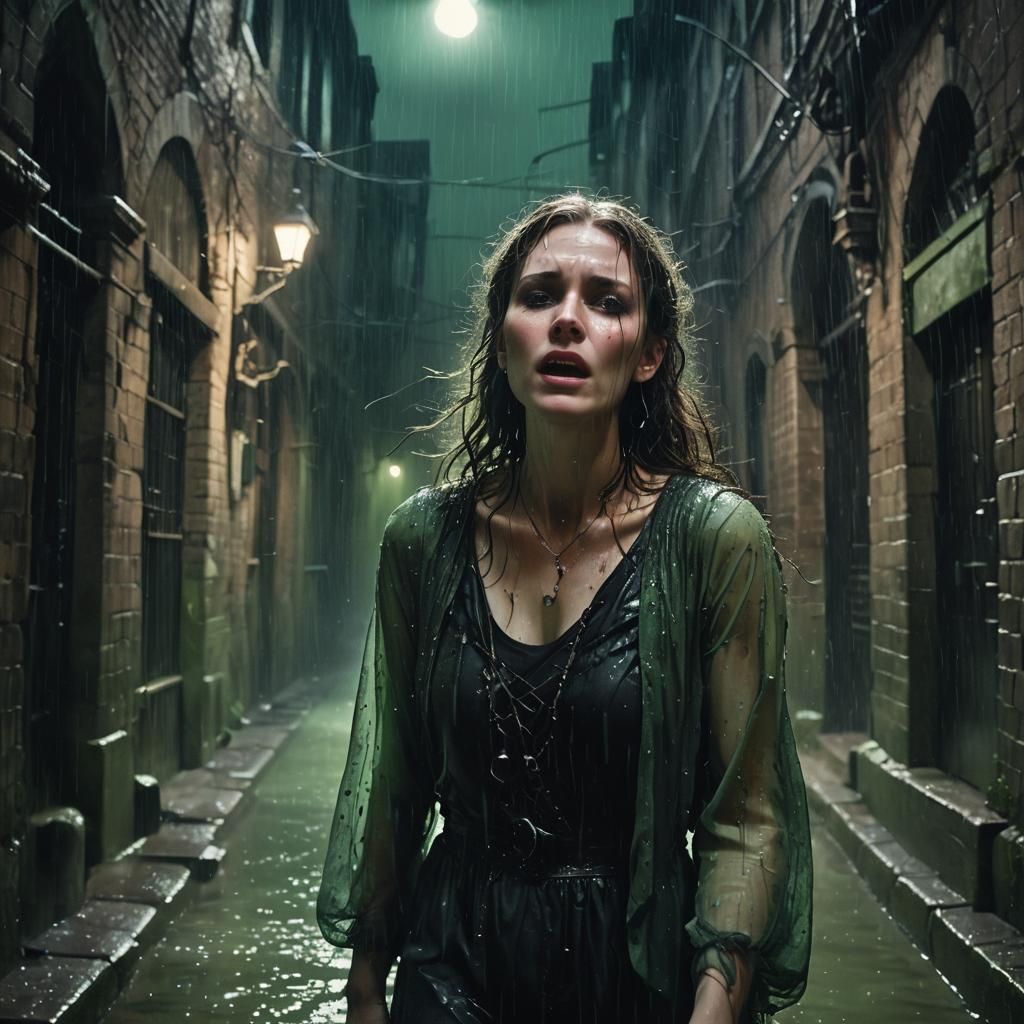 Eerie Bioluminescent Woman Singing in Rainy Alley
