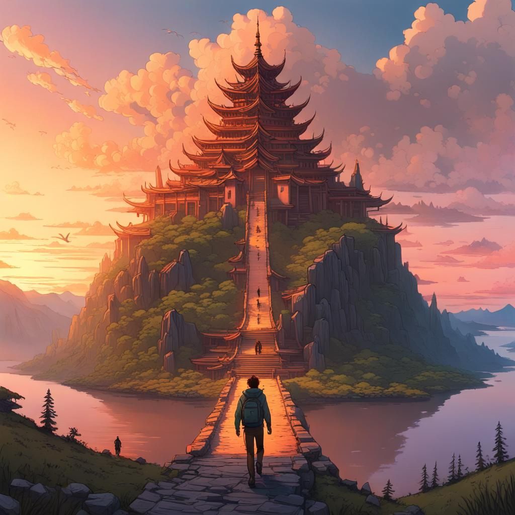 Epic Mountain Temple Sunset: A Digital Illustration