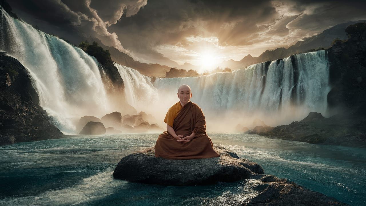 Serene Monk Meditating by Majestic Waterfall