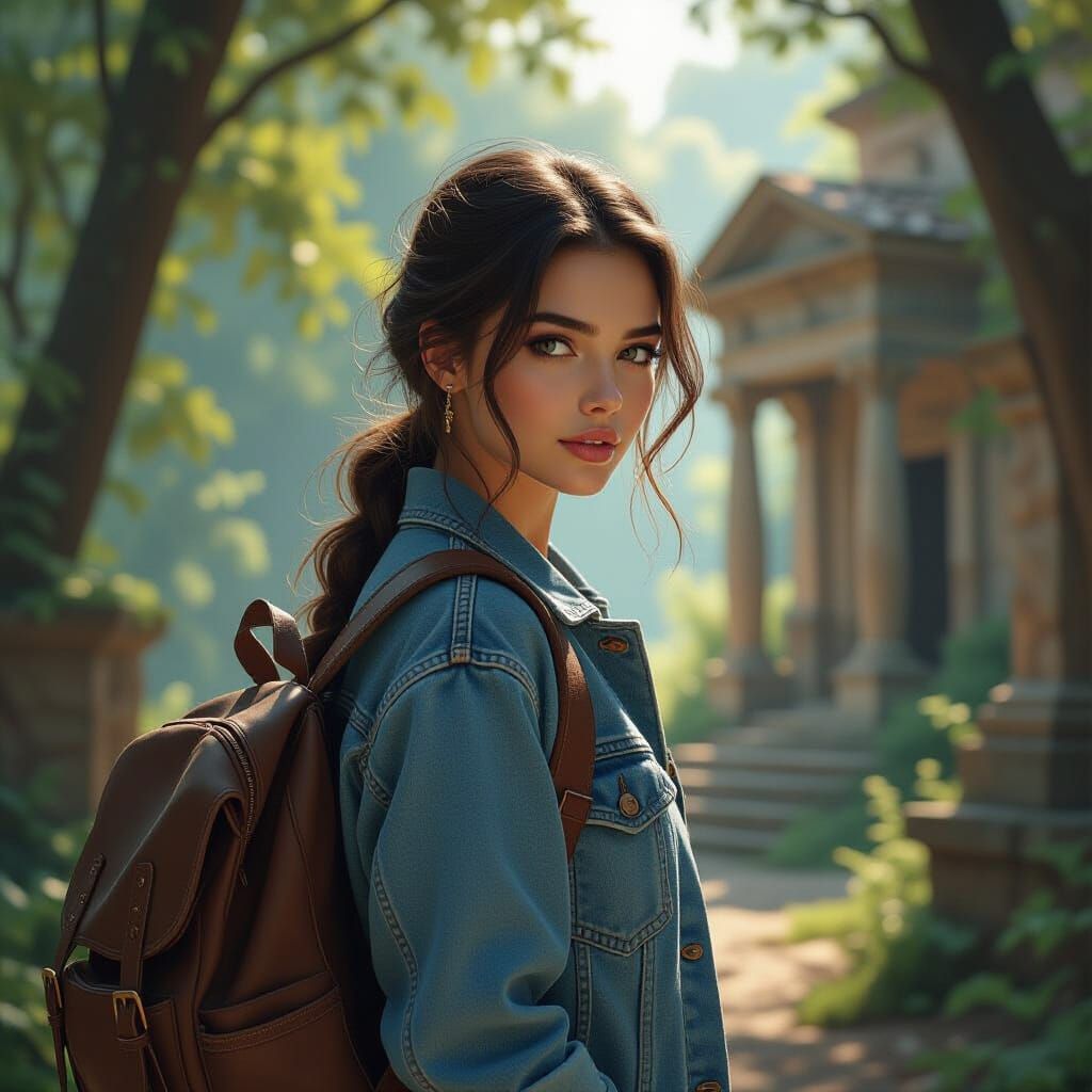 Girl Discovering Ancient Villa in Ornate Style