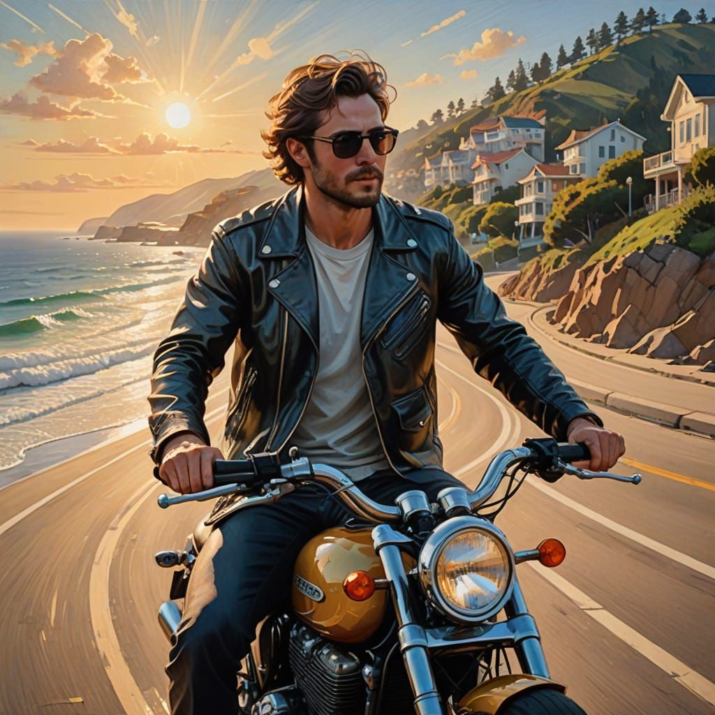 Man Riding Motorcycle Down Ocean Road in Watercolor Style
