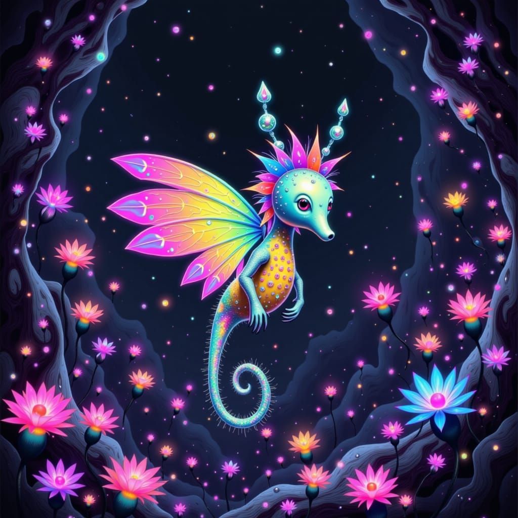 Glowing Seahorse with Wings in Dreamlike Crystal Cave