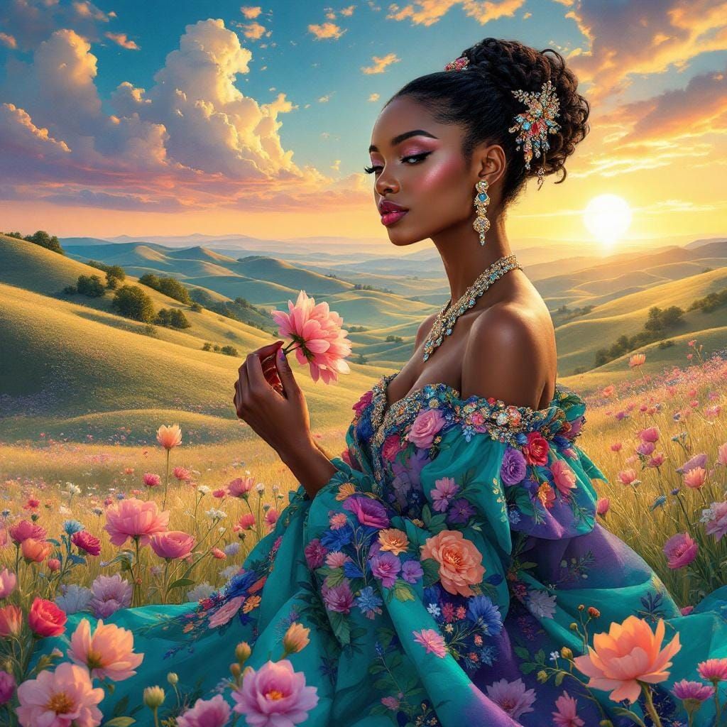 A vibrant fantasy style, digital painting of a light skinned...