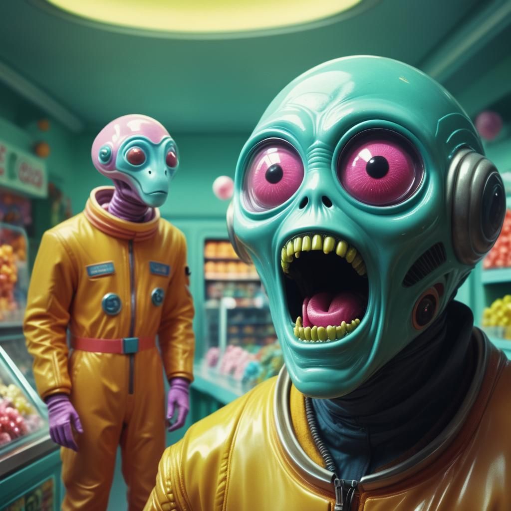 Scared Alien in Spacesuit at Candy Store