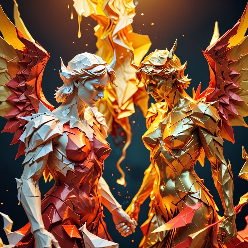 Melting Origami Angel and Devil in Gouache Style