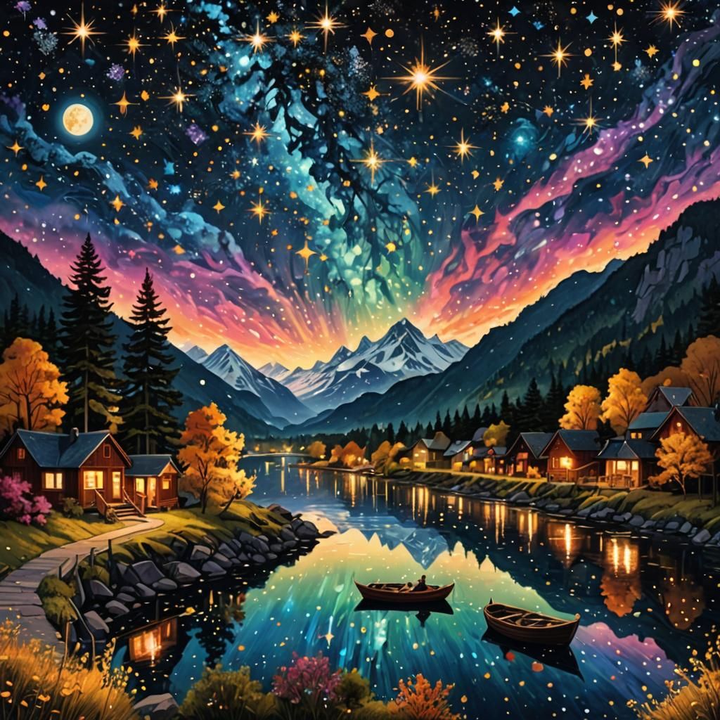 Cosmic Starry Night River: Anime Inspired Illustration