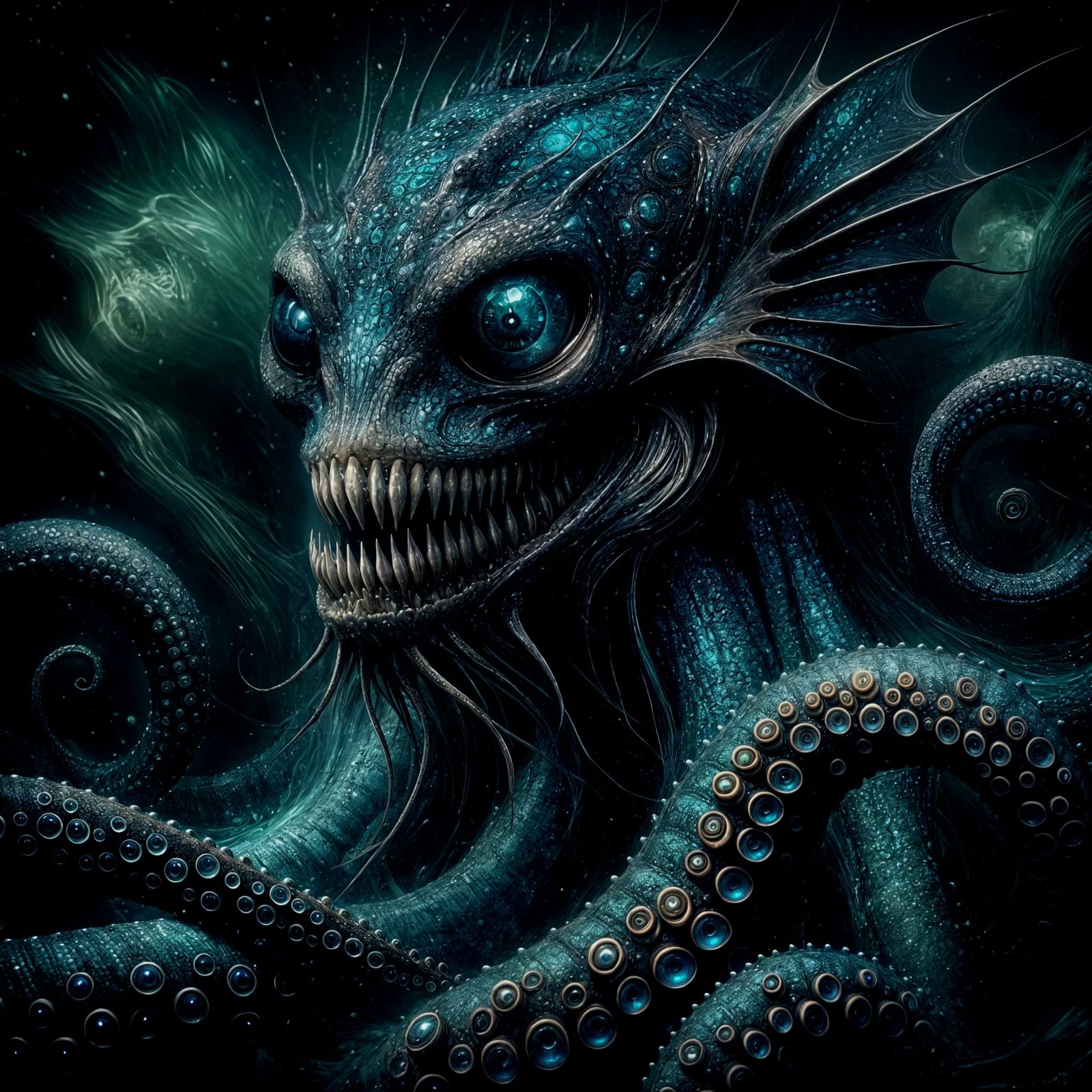 Menacing Octopus-Eel Hybrid in Dark Underwater Realm