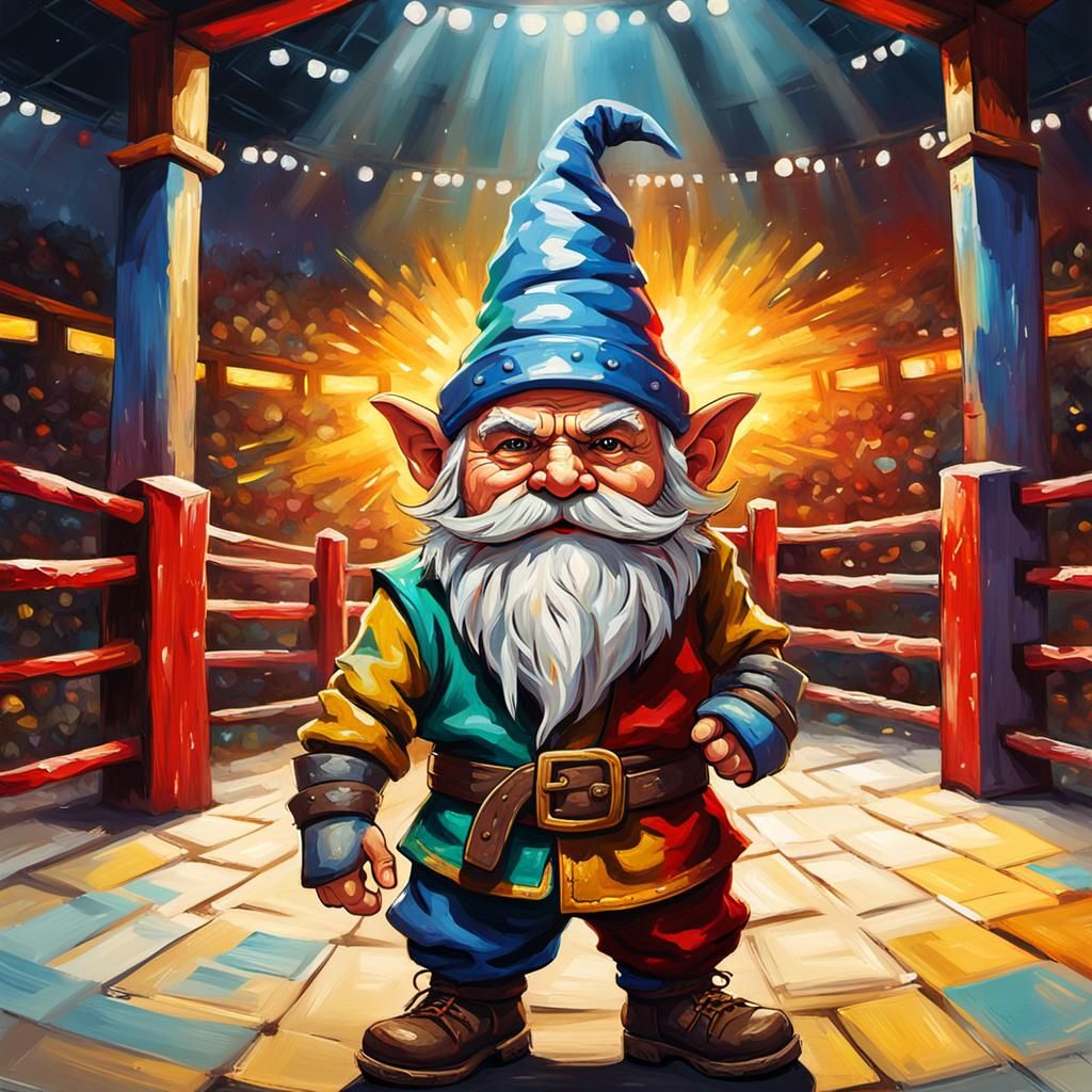 Gnome Champion in MMA Arena: Oil Painting