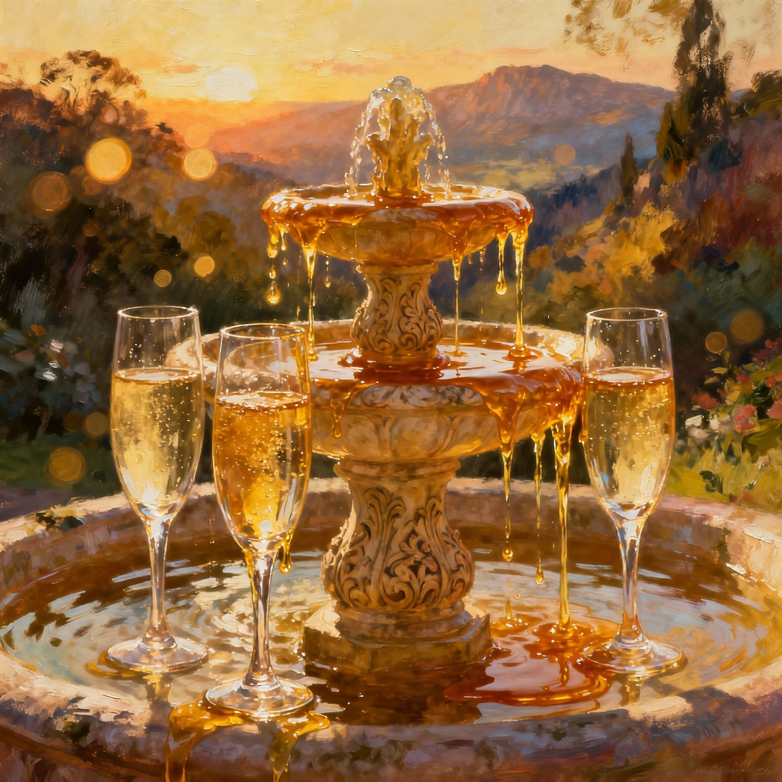 Liquid Gold Fountain Overflowing Crystal Glasses