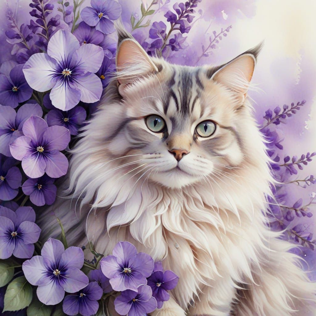 Whimsical Watercolor Portrait of a Siberian Cat