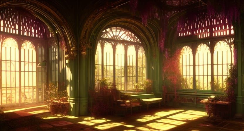 Victorian Greenhouse with Wisteria in Art Nouveau Style
