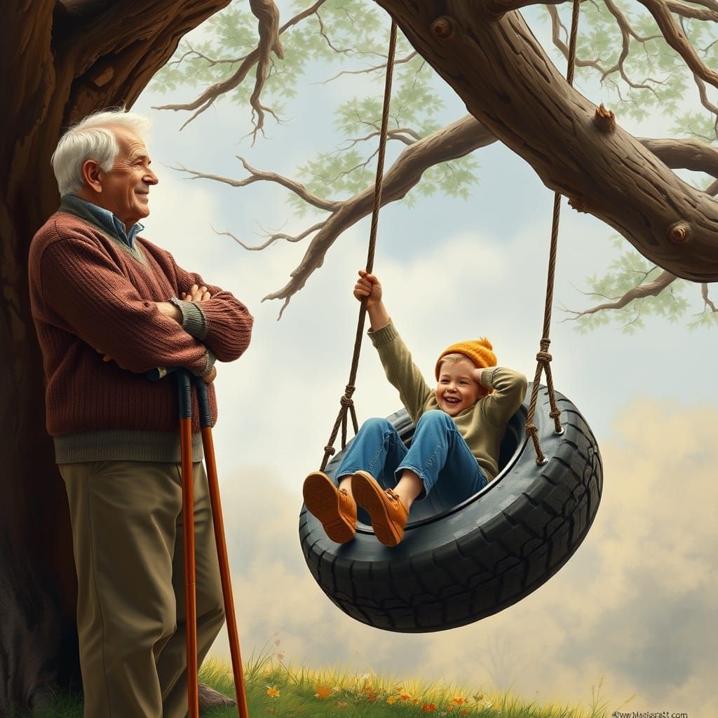 Grandfather Watches Grandson Swing in the Warmth of a Cozy A...