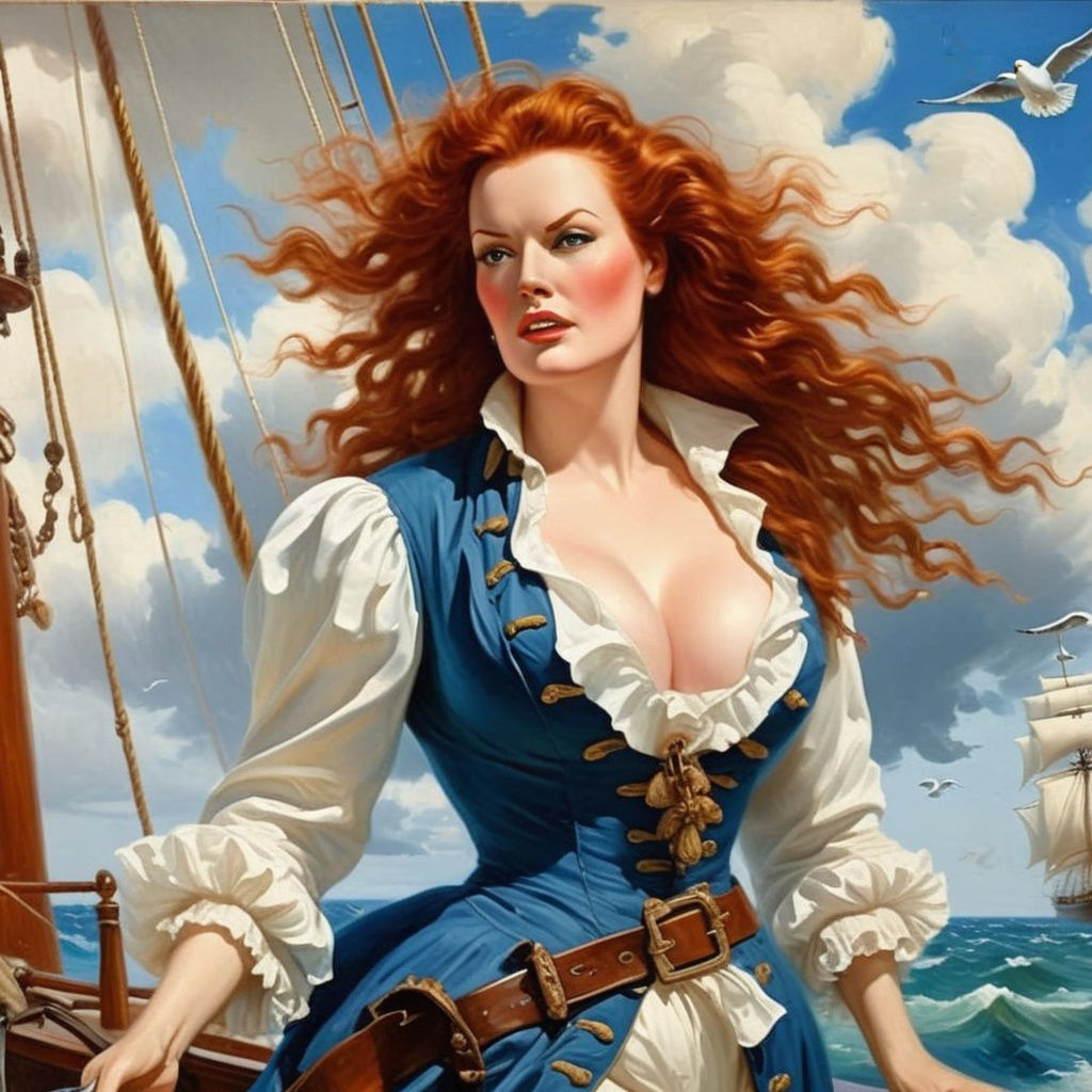 Beautiful Pirate Queen on Deck, Oil Painting Style