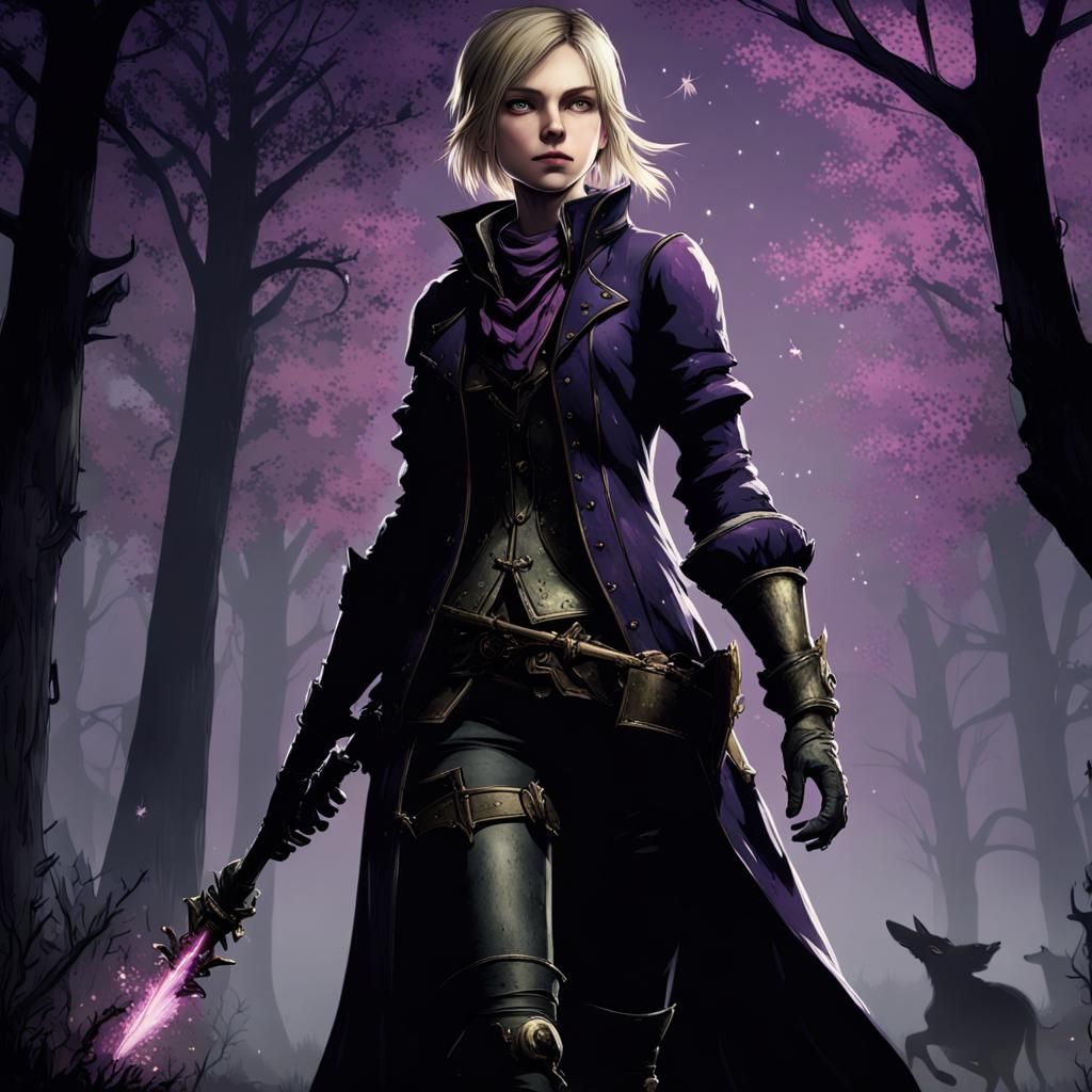 Dreamy Girl in Hunter Armor in Dark Forest