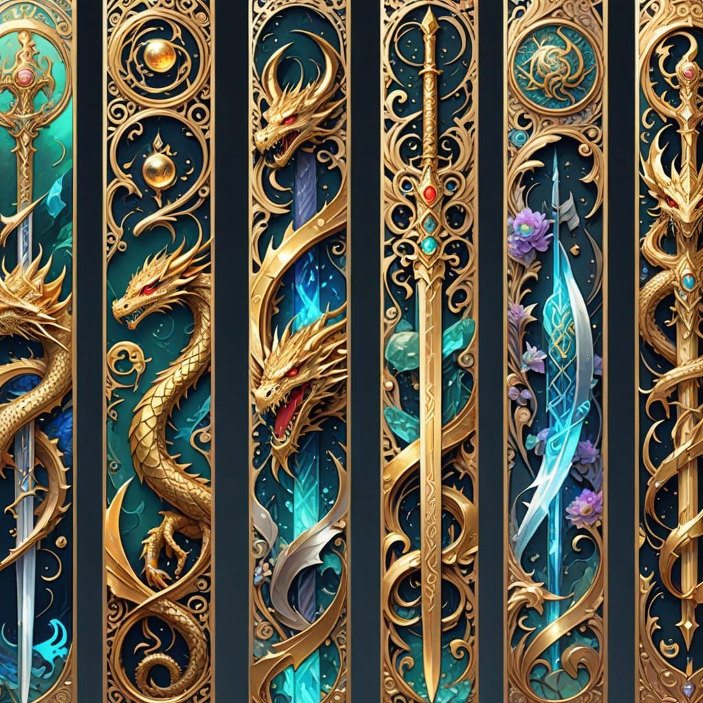 Fantasy Anime Bookmarks With Dragons and Swords