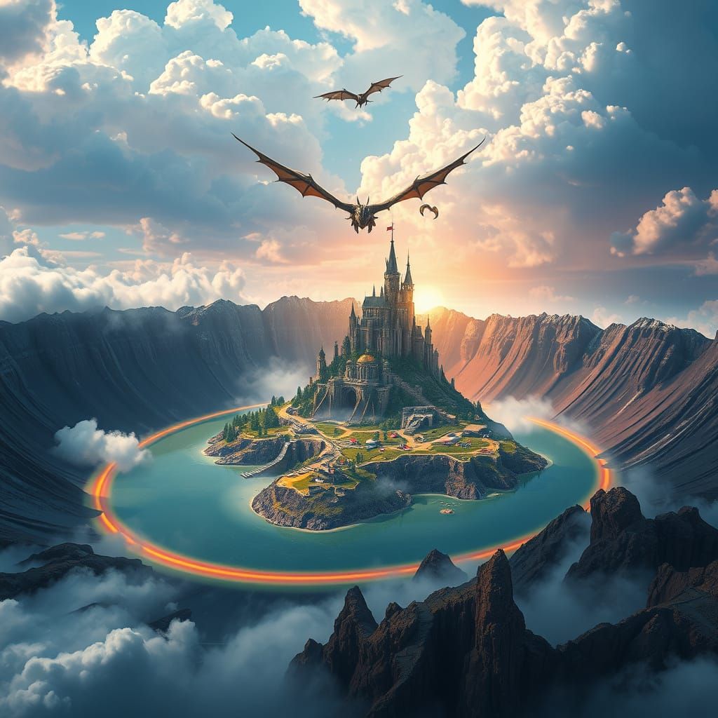 Fantasy Island Caldera with Dragon in Maximalist Style