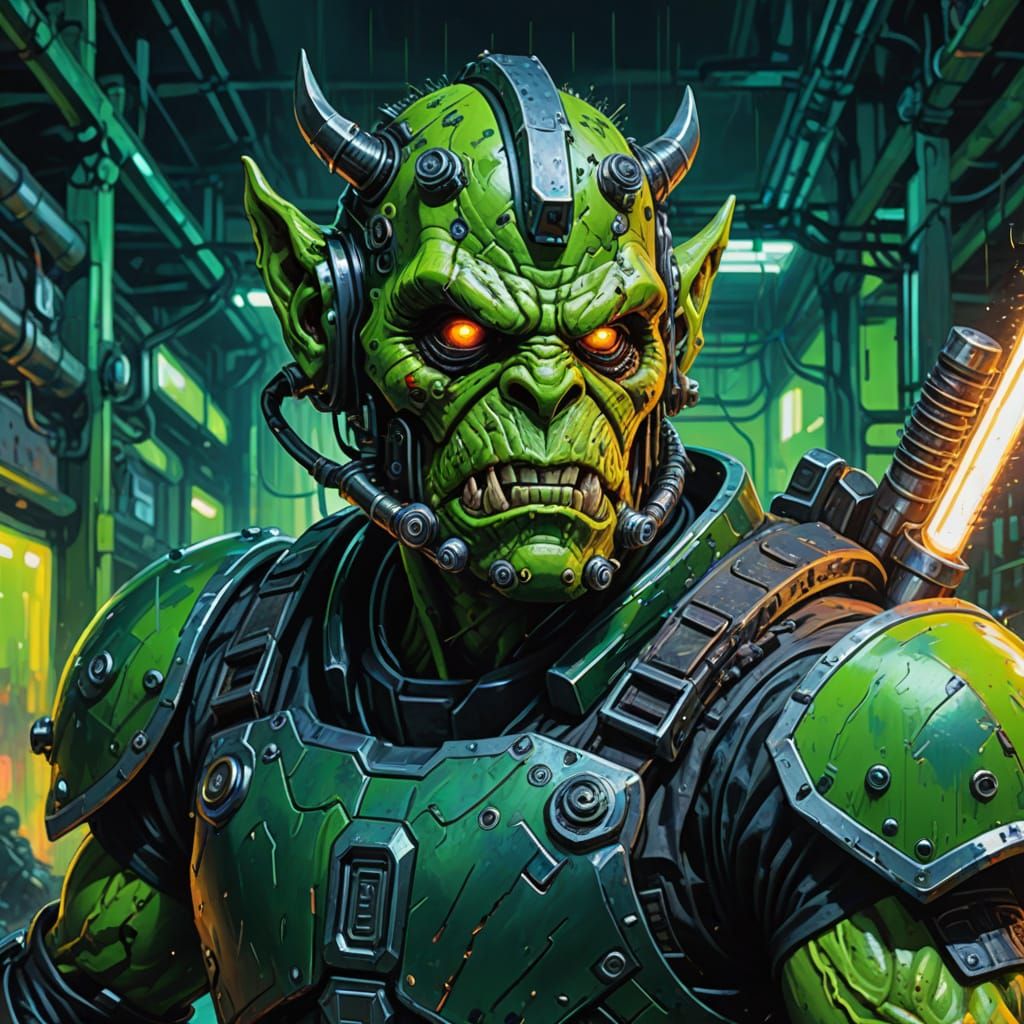Cyborg Ork in Cyberpunk Neo-Impressionist Style