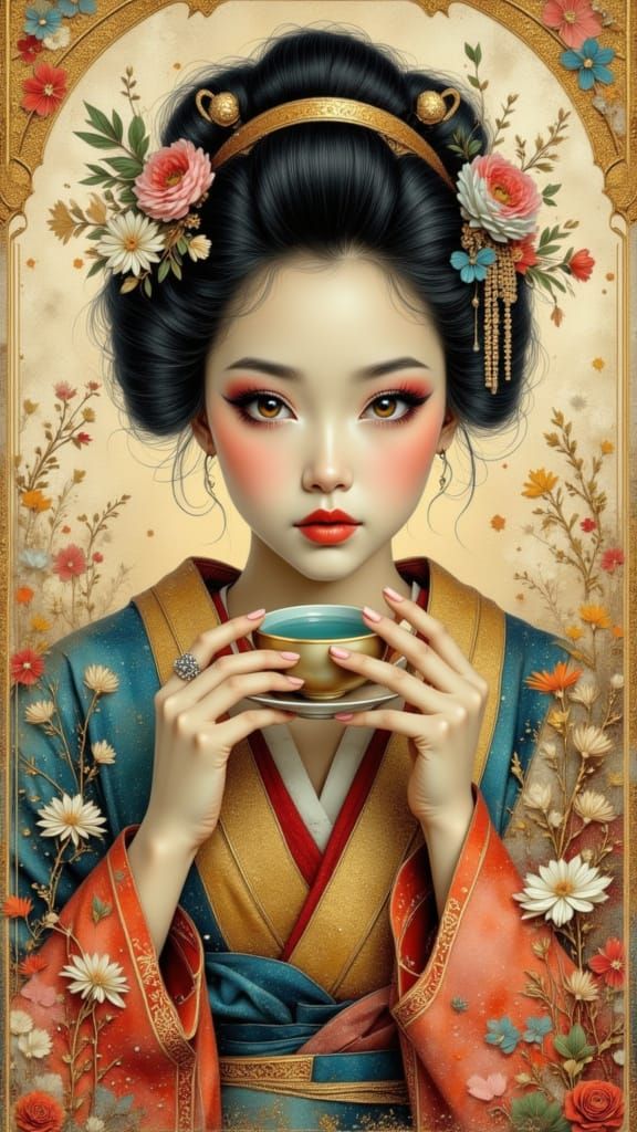 Art Deco Geisha Enjoying Tea in Mixed Media Collage