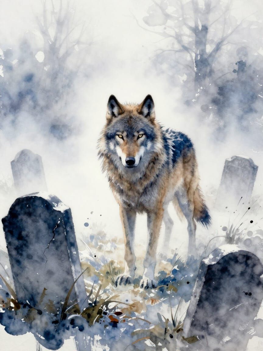 Spectral Wolf in Graveyard Mist
