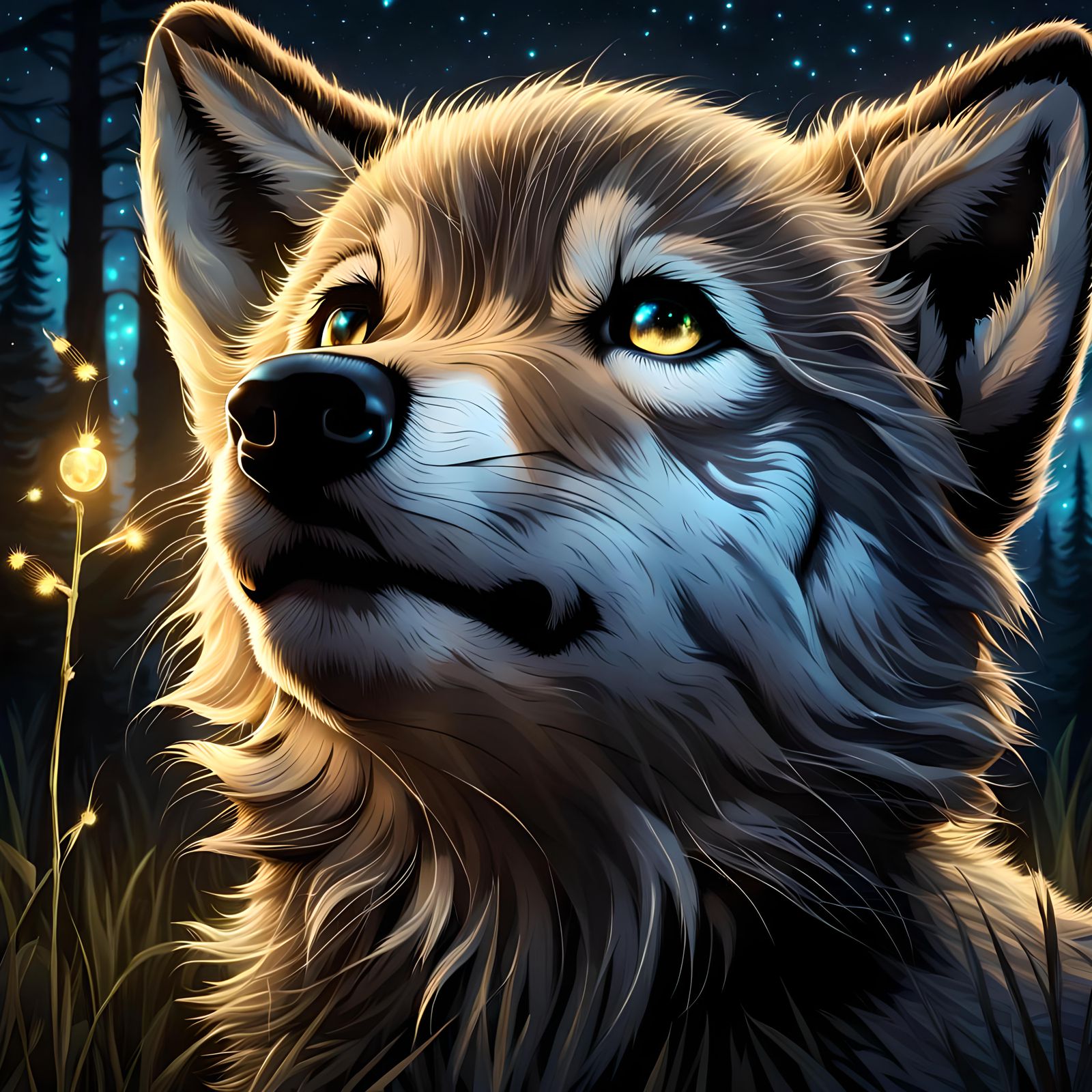 Cute Wolf Cub and Fireflies in Digital Art