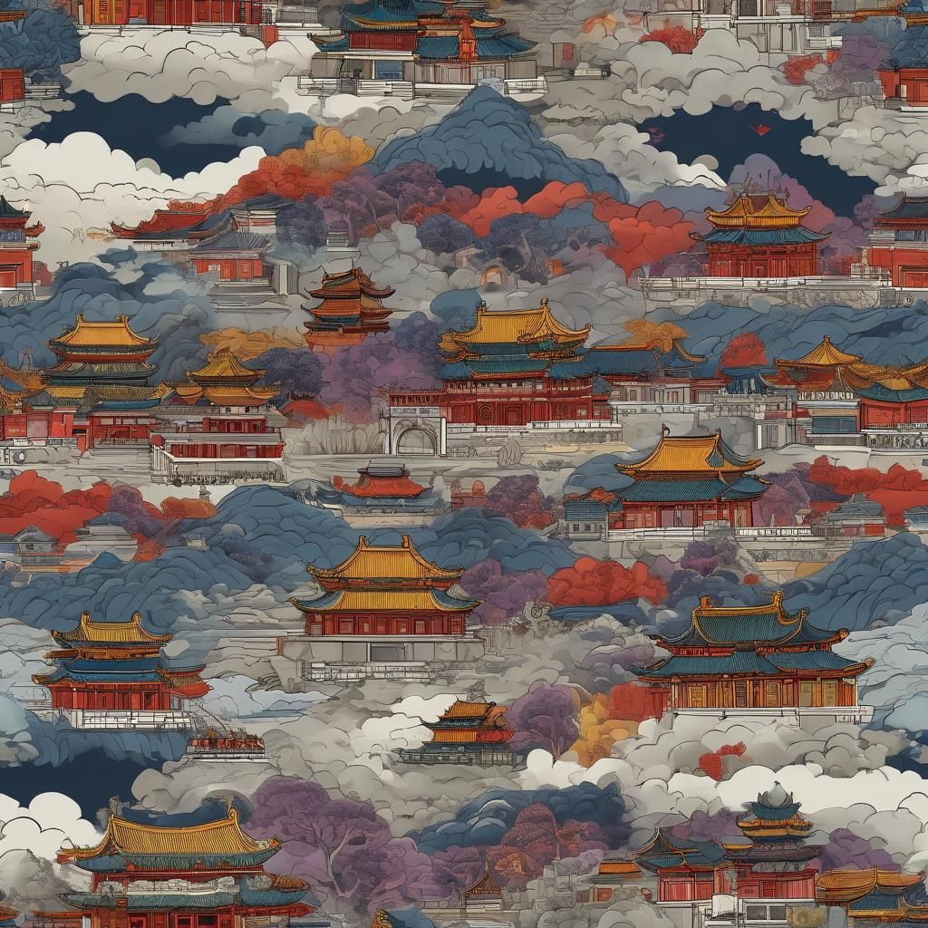 Beijing Architecture Silk Scarf in Vector Style